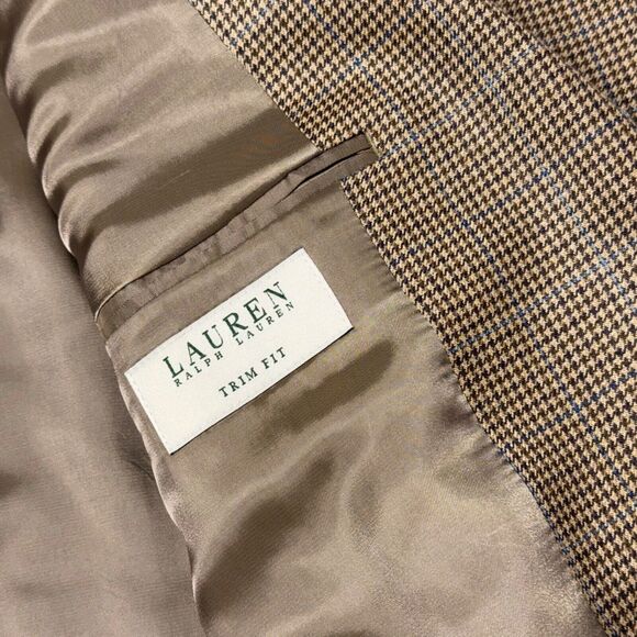 Lauren Ralph Lauren Men’s Beige Plaid Silk Wool Blazer Trim Fit Men’s Size 42L - Picture 9 of 10